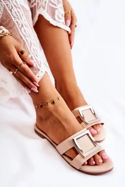 Damskie Boto Damskie Skórzane Klapki Z Ozdobą Nude Roysa