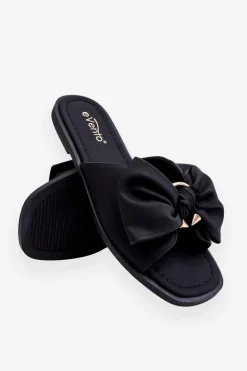 Damskie Evento Damskie Skórzane Klapki Z Kokardą Czarne Becky