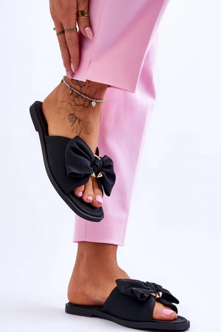 Damskie Evento Damskie Skórzane Klapki Z Kokardą Czarne Becky