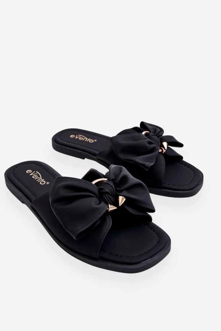 Damskie Evento Damskie Skórzane Klapki Z Kokardą Czarne Becky