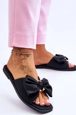 Damskie Evento Damskie Skórzane Klapki Z Kokardą Czarne Becky