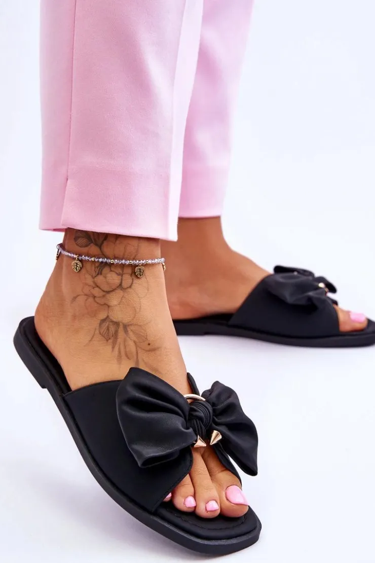 Damskie Evento Damskie Skórzane Klapki Z Kokardą Czarne Becky