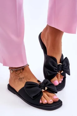 Damskie Evento Damskie Skórzane Klapki Z Kokardą Czarne Becky
