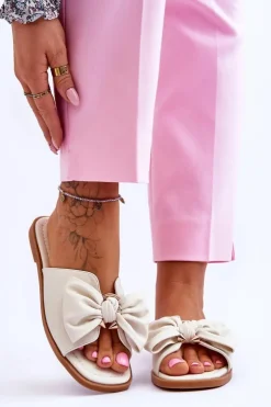 Damskie Evento Damskie Skórzane Klapki Z Kokardą Białe Becky