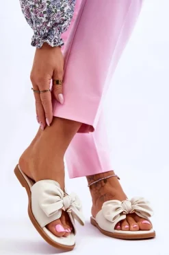 Damskie Evento Damskie Skórzane Klapki Z Kokardą Białe Becky