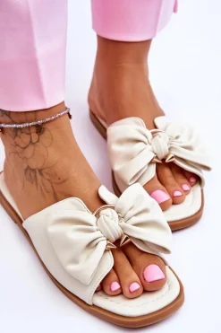 Damskie Evento Damskie Skórzane Klapki Z Kokardą Białe Becky