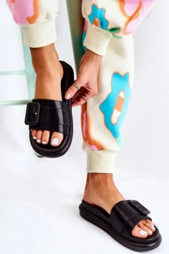 Boto Damskie Skórzane Klapki Z Klamrą Czarne Devia