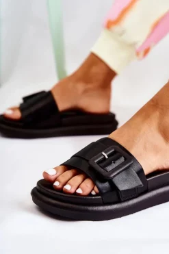 Boto Damskie Skórzane Klapki Z Klamrą Czarne Devia