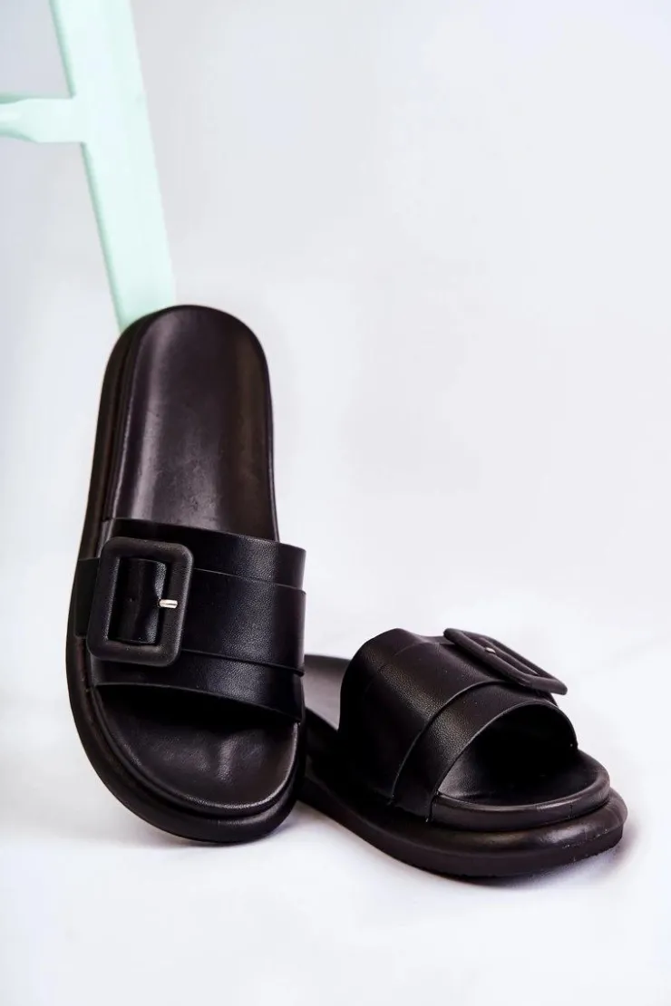 Boto Damskie Skórzane Klapki Z Klamrą Czarne Devia