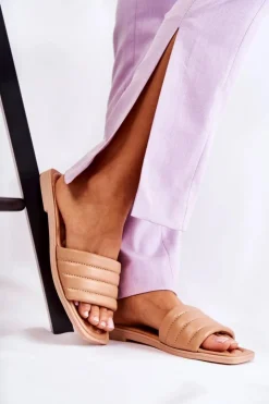 Damskie Boto Damskie Skórzane Klapki Z Pikowaniem Ciemnobeżowe Raula