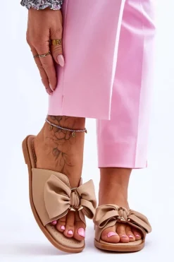 Damskie Evento Damskie Skórzane Klapki Z Kokardą Beżowe Becky