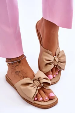 Damskie Evento Damskie Skórzane Klapki Z Kokardą Beżowe Becky