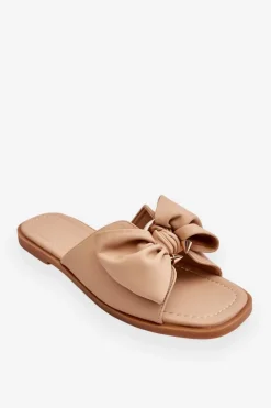 Damskie Evento Damskie Skórzane Klapki Z Kokardą Beżowe Becky