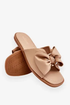 Damskie Evento Damskie Skórzane Klapki Z Kokardą Beżowe Becky