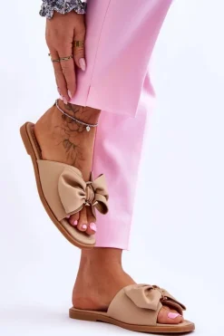 Damskie Evento Damskie Skórzane Klapki Z Kokardą Beżowe Becky