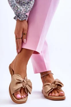 Damskie Evento Damskie Skórzane Klapki Z Kokardą Beżowe Becky