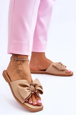Damskie Evento Damskie Skórzane Klapki Z Kokardą Beżowe Becky