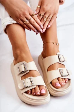 Boto Klapki Damskie Klasyczne*Damskie Skórzane Klapki Ze Sprzączką La.Fi Beżowe Nariss