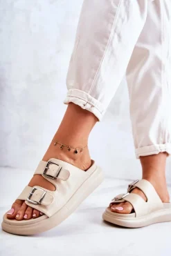 Boto Klapki Damskie Klasyczne*Damskie Skórzane Klapki Ze Sprzączką La.Fi Beżowe Nariss