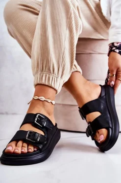 Outlet Boto Damskie Skórzane Klapki Ze Sprzączką La.Fi Czarne Nariss