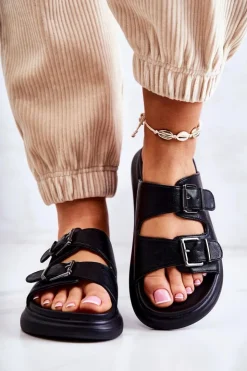 Outlet Boto Damskie Skórzane Klapki Ze Sprzączką La.Fi Czarne Nariss