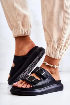 Outlet Boto Damskie Skórzane Klapki Ze Sprzączką La.Fi Czarne Nariss