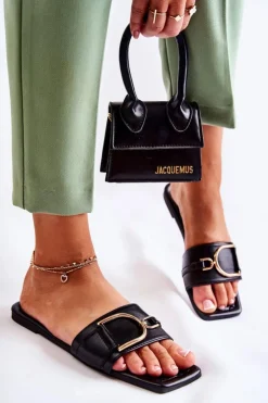 Sale Boto Damskie Skórzane Klasyczne Klapki Z Ozdobą Czarne Shilla