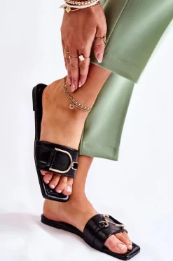 Sale Boto Damskie Skórzane Klasyczne Klapki Z Ozdobą Czarne Shilla