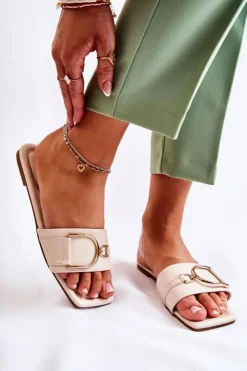 Boto Klapki Damskie Klasyczne*Damskie Skórzane Klasyczne Klapki Z Ozdobą Beżowe Shilla