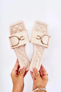 Boto Klapki Damskie Klasyczne*Damskie Skórzane Klasyczne Klapki Z Ozdobą Beżowe Shilla