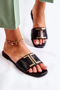 Damskie Boto Damskie Skórzane Klasyczne Klapki Z Ozdobą Czarne Maren