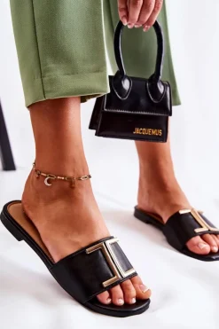 Damskie Boto Damskie Skórzane Klasyczne Klapki Z Ozdobą Czarne Maren