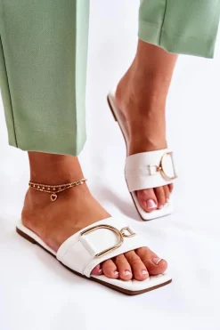 Damskie Boto Damskie Skórzane Klasyczne Klapki Z Ozdobą Białe Shilla