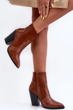 Boto Botki Na Słupku|Botki Na Obcasie*Damskie Skórzane Kowbojki Botki Brązowe Fiorene