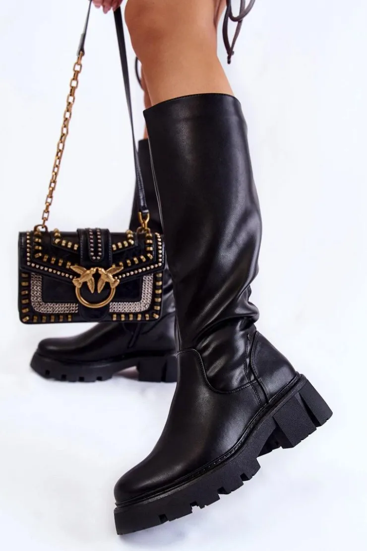 Damskie Buty Sergio Leone Damskie Skórzane Kozaki Do Kolana Czarne Caldera