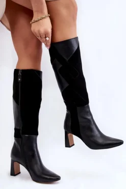 Damskie Maciejka Damskie Skórzane Kozaki Do Kolan 05784-01 Czarne