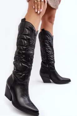 Boto Damskie Skórzane Kozaki Kowbojki Na Słupku Czarne Sloana