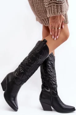 Boto Damskie Skórzane Kozaki Kowbojki Na Słupku Czarne Sloana