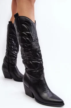 Boto Damskie Skórzane Kozaki Kowbojki Na Słupku Czarne Sloana