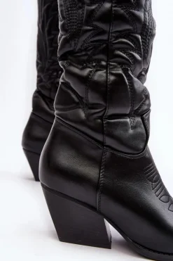 Boto Damskie Skórzane Kozaki Kowbojki Na Słupku Czarne Sloana