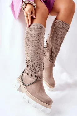 Damskie Boto Damskie Skórzane Kozaki Lewski Cappuccino Zamszowe 2866