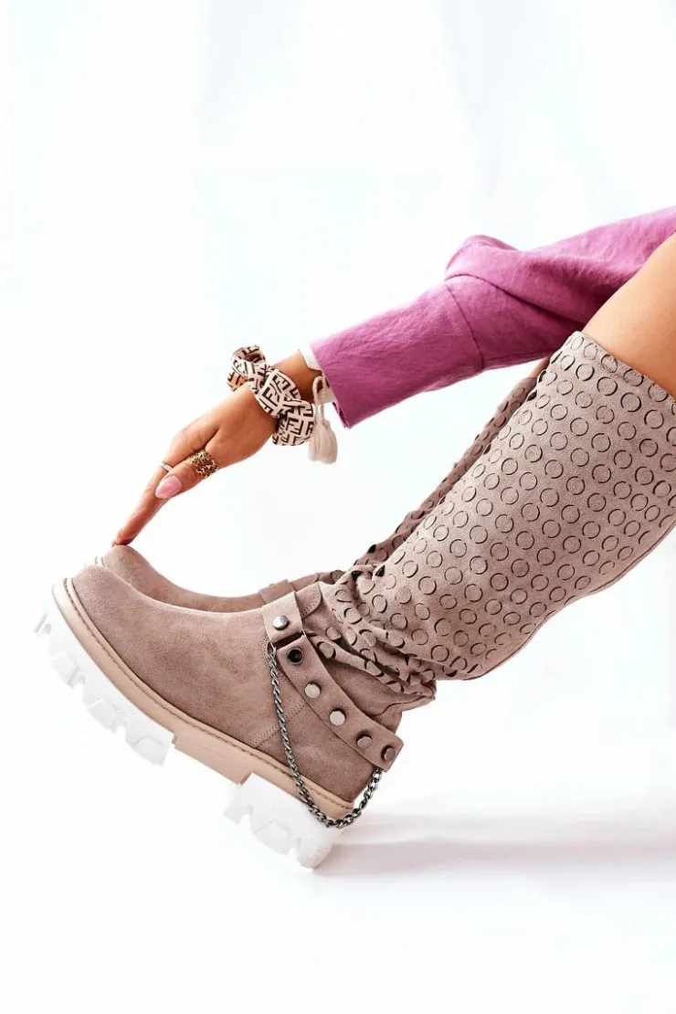 Damskie Boto Damskie Skórzane Kozaki Lewski Cappuccino Zamszowe 2866