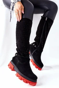 Online Boto Damskie Skórzane Kozaki Lewski Czarne Zamszowe 2866 Czarny