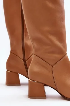 Damskie Boto Damskie Skórzane Kozaki Na Obcasie Camel Lewski 2928/B/2