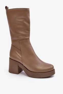 Damskie Boto Damskie Skórzane Kozaki Na Masywnym Słupku Ciemnobeżowe Lemar Odennia