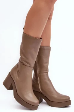 Damskie Boto Damskie Skórzane Kozaki Na Masywnym Słupku Ciemnobeżowe Lemar Odennia