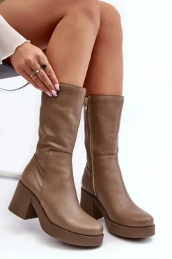 Damskie Boto Damskie Skórzane Kozaki Na Masywnym Słupku Ciemnobeżowe Lemar Odennia