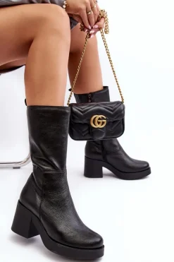 Online Boto Damskie Skórzane Kozaki Na Masywnym Słupku Czarne Lemar Odennia