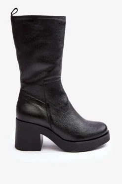 Online Boto Damskie Skórzane Kozaki Na Masywnym Słupku Czarne Lemar Odennia