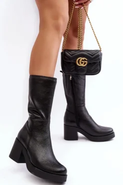 Online Boto Damskie Skórzane Kozaki Na Masywnym Słupku Czarne Lemar Odennia